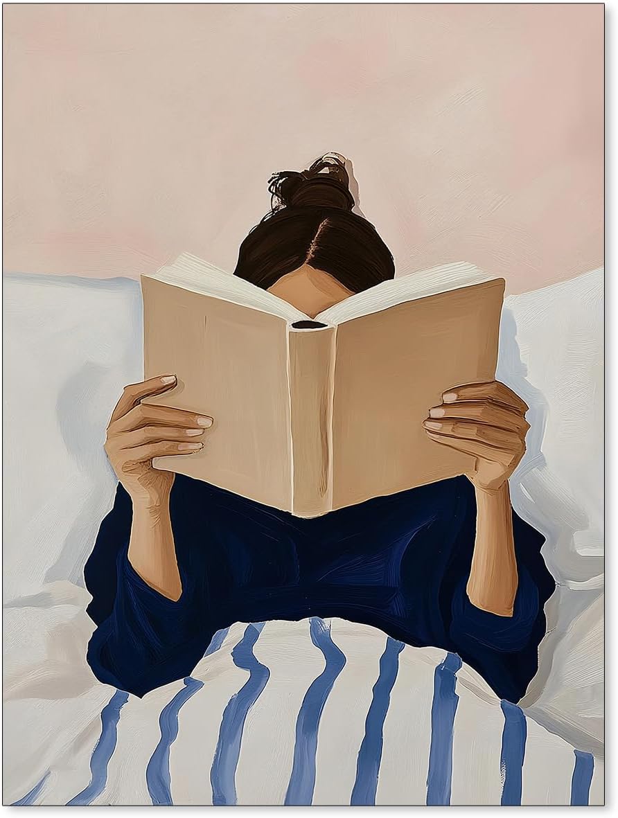 Woman Reading in Bed Wall Art Vintage Book Canvas Posters Modern Funky Girly Bookish Aesthetic Painting Library Wall Decor for Book Lover 12X16 in Unframed