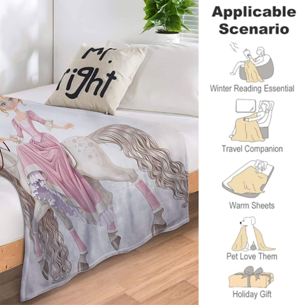 Plush Fleece Blanket, Pretty Smiling Princess on A White Horse with, Fluffy and ComfortableTeen Girls Soft and Cozy Throw Blankets, 30 x 40inches, Suitable for Bed and Sofa, Cream Pink