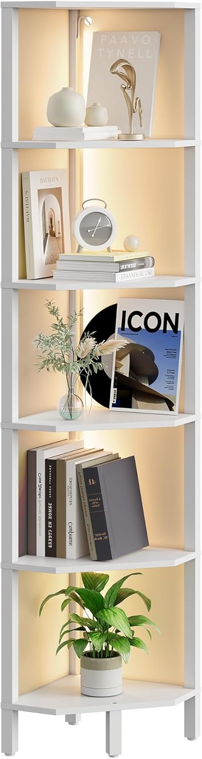 LED Corner Shelf with Lights, 5-Tier Diamond Shape Bookshelf, Standing Narrow Storage Organizer for Living Room, Bedroom, Office, Study, White MCJ03DWB