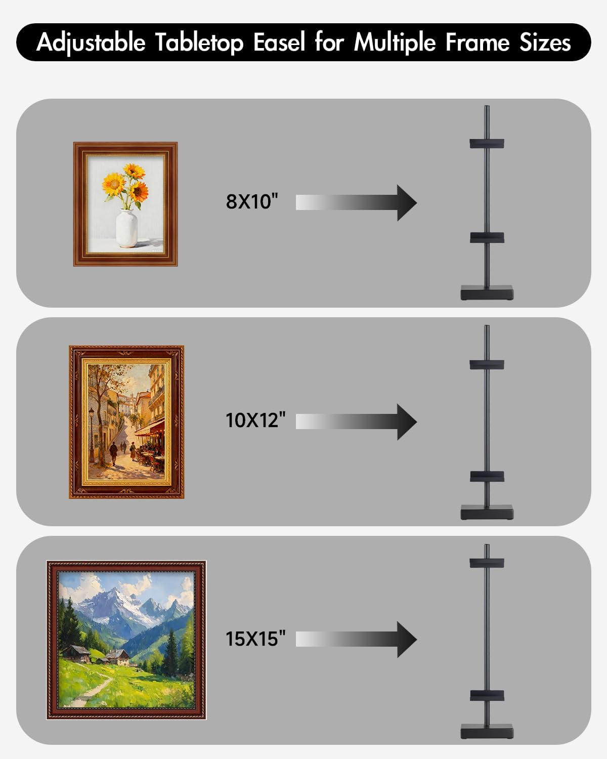 Adjustable Tabletop Easel Stand, Picture Easel Stand up to 17” H, Metal Picture Frame Holder for Artwork, Photo, Signs & Certificates (Black)