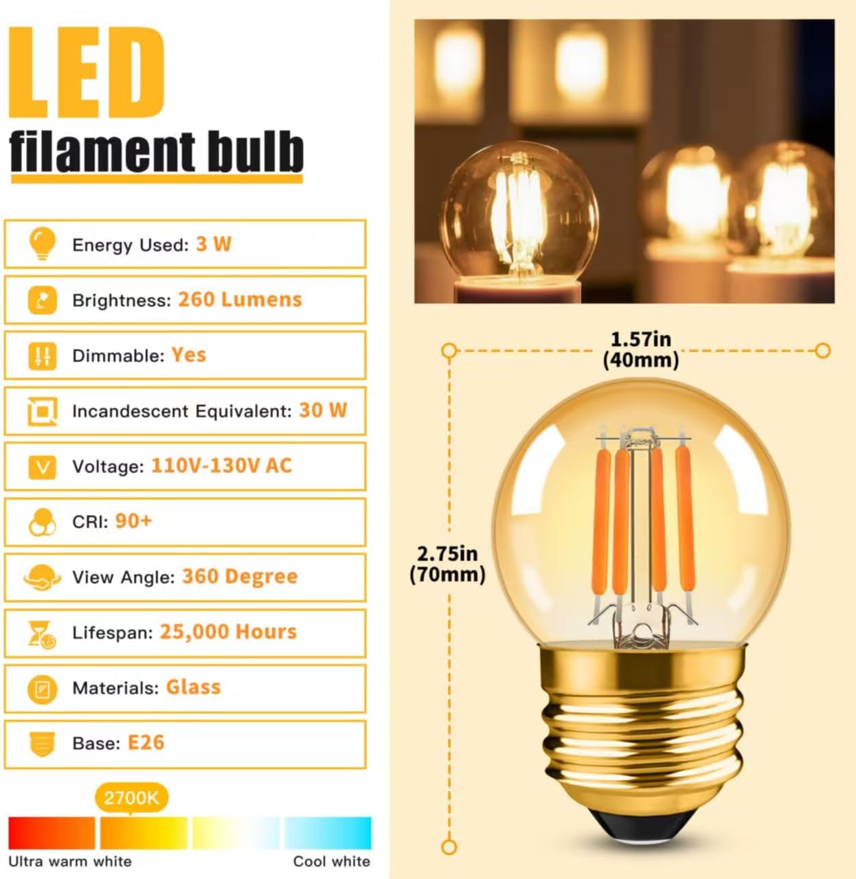 Dimmable G40 Vintage Amber Light Bulbs 25 watt E26 LED Bulb 2700K Warm Light 3W LED Globe Edison Decorative Small Light Bulb for Bedroom, Living Room, 2Pack