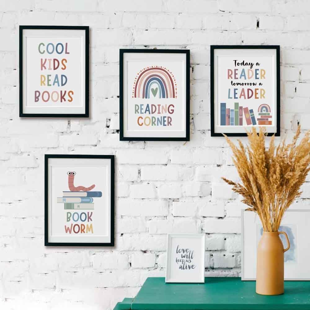 4pcs Motivational Reading Posters Wall Art Prints Decor For Classroom Read Corner School Nursery Library - Cool Kids Read Book, Boho Bulletin Decorations for Kids Reading Nook 8x10in, Unframe
