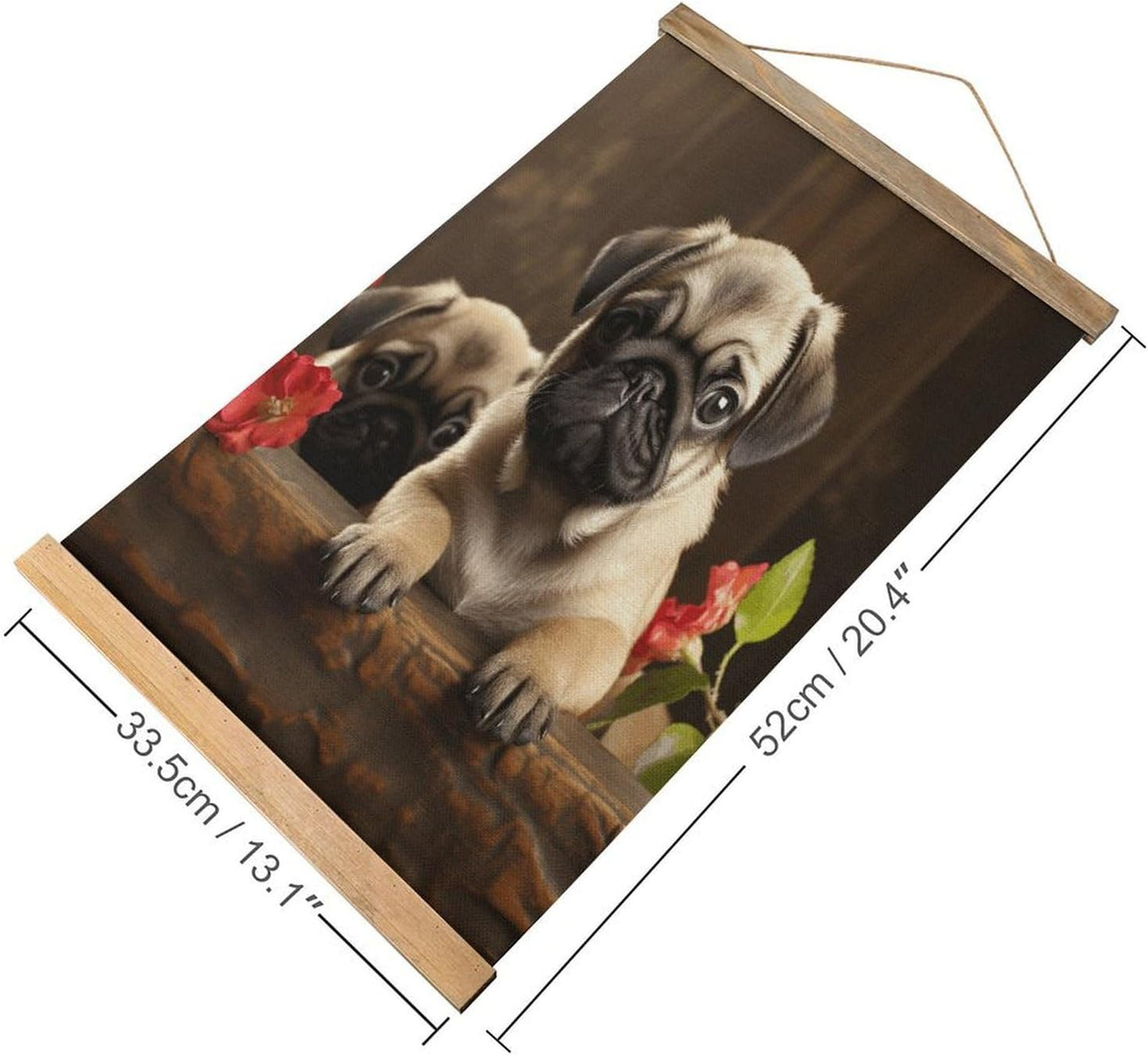 Vintage Puppys Pug Poster with Wooden Frame Personalized Linen Hanging Scroll Painting Rustic Wall Hanging Illustrative Modern Artwork Decor for Home Living Room Bedroom Office