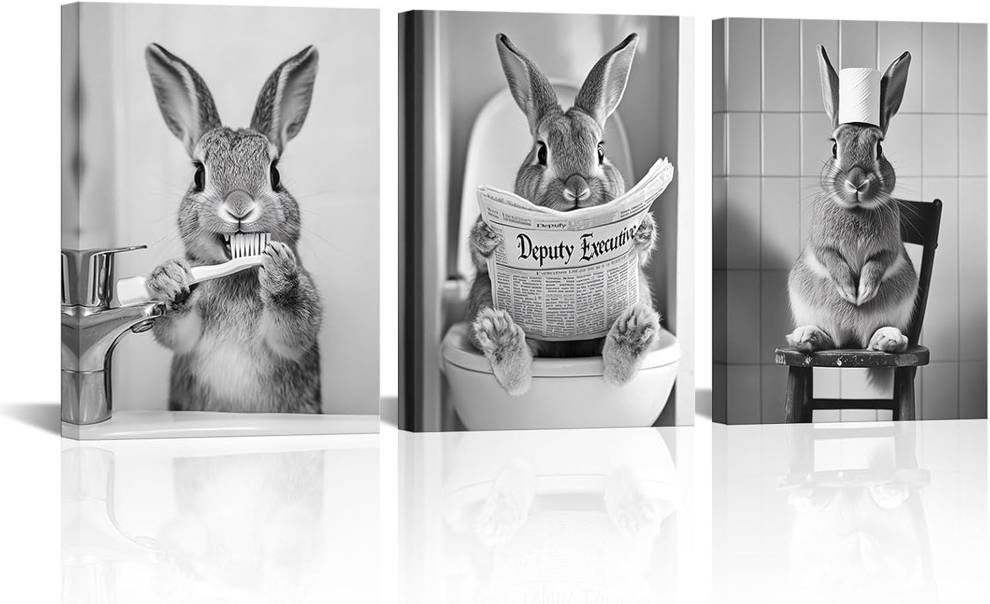 PoGoXiPoYo 3 Pieces Bunny Wall Art Canvas Prints Black and White Cute Rabbit Reading on Toilet Brush Teeth Bathroom Wall Decor Modern Artwork for Restroom 12"x16"x3