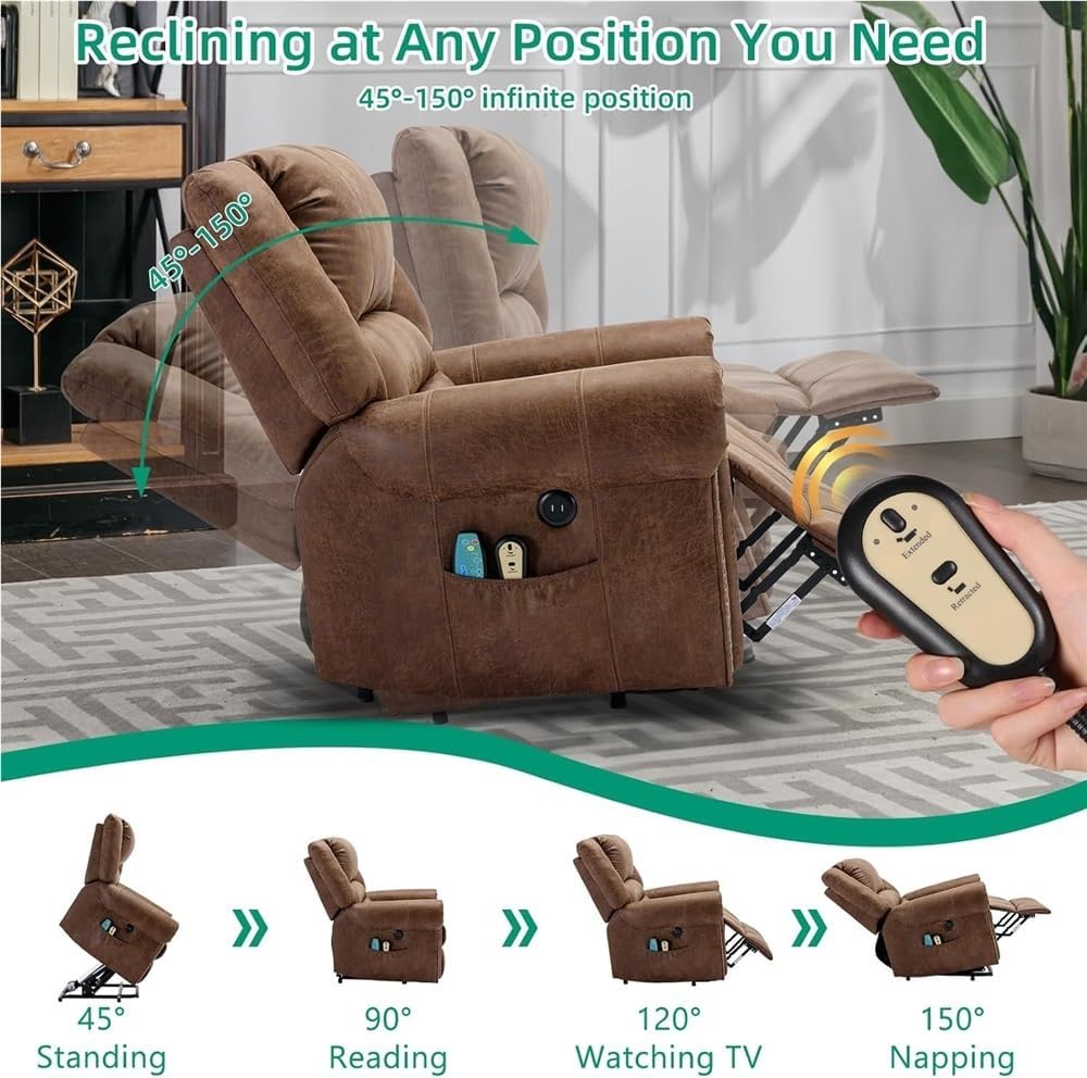 Power Lift Recliner Chair for Elderly, Electric Brown Leather Recliner with Heat and Massage and USB Charging Port, Adjustable Living Room Lounge Chair with Stand Assistance