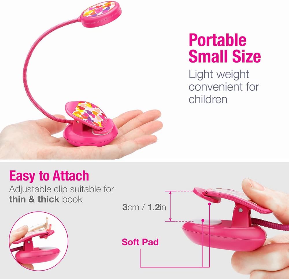 Vekkia Cute Rechargeable Book Light, Eye-Care Clip on Lights for Reading in Bed, 3 Colors & 3 Brightness, 1.8oz Lightweight, Up to 40 Hours Useage, Great Gifts for Kids & Readers (Rose Red)