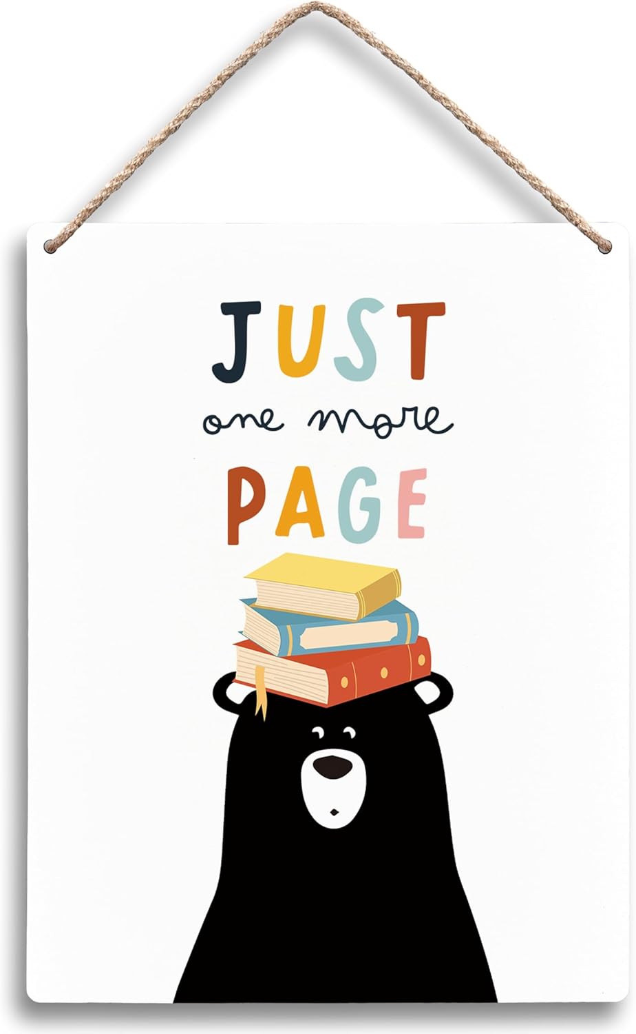 FUGWN Just One More Page Reading Black Bear Hanging Wooden Signs 8x10, Reading Nook Inspirational Classroom Playroom Nursery Wall Decor, Reading Corner Decor Gifts for Book Lovers Kids Girls Boys