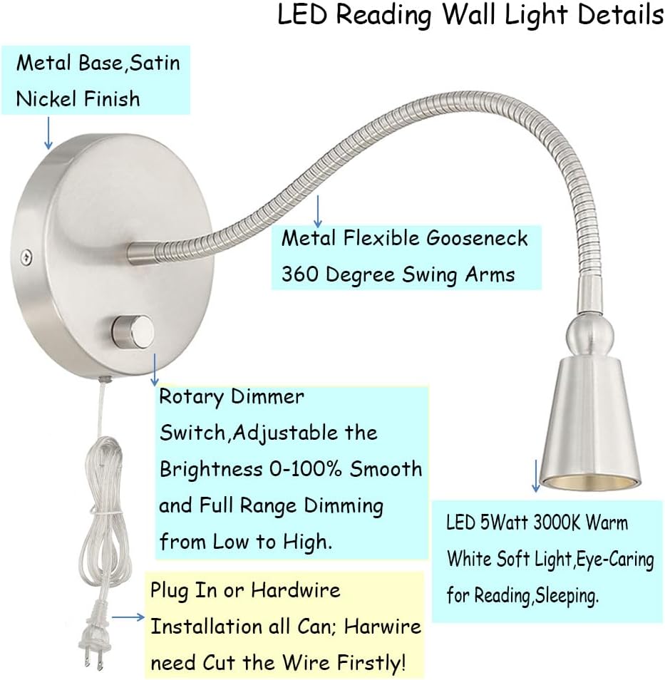 HomeFocus - LED Wall Lamp, Bedside Reading Light, Dimmable 3 Modes, Eye-Caring, Wall Sconces, 5W 3000K Warm White, Flexible Gooseneck, Metal, Satin Nickel