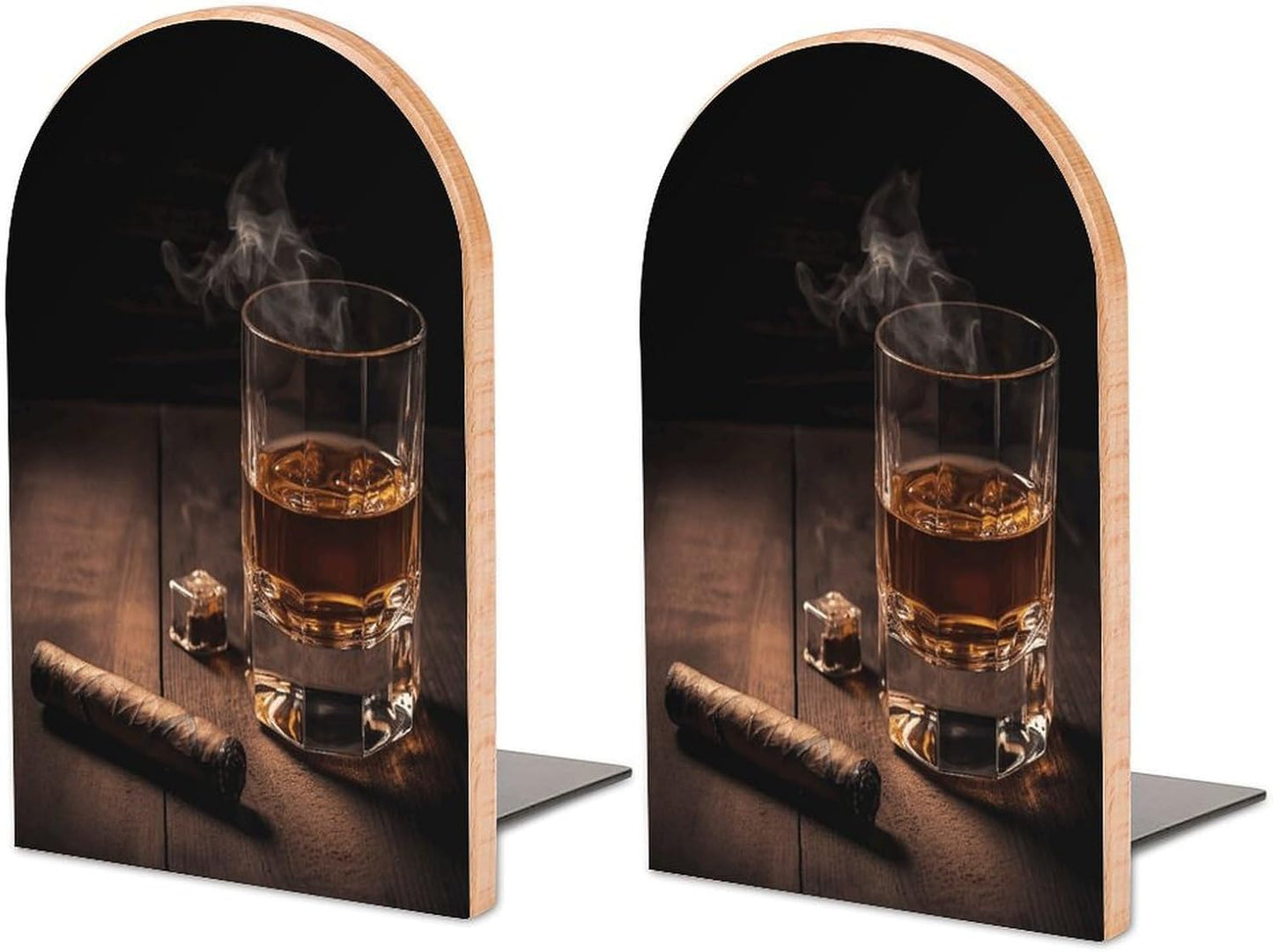 Cigar & Whiskey Bookend for Shelves Wooden Book End Large Size Sturdy Book Holders Stoppers with Metal Base for Bookshelves Slick Decorative Bookends Stands