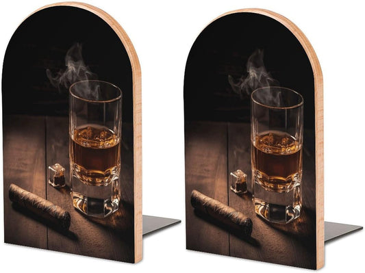 Cigar & Whiskey Bookend for Shelves Wooden Book End Large Size Sturdy Book Holders Stoppers with Metal Base for Bookshelves Slick Decorative Bookends Stands