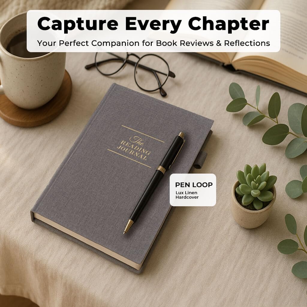 JXSELECT Elegant Reading Journal - 60 Book Reviews Logbook with Pen Holder & Back Pocket - Track Your Reading Progress - Ideal Gift for Book Lovers & Avid Readers (Grey)