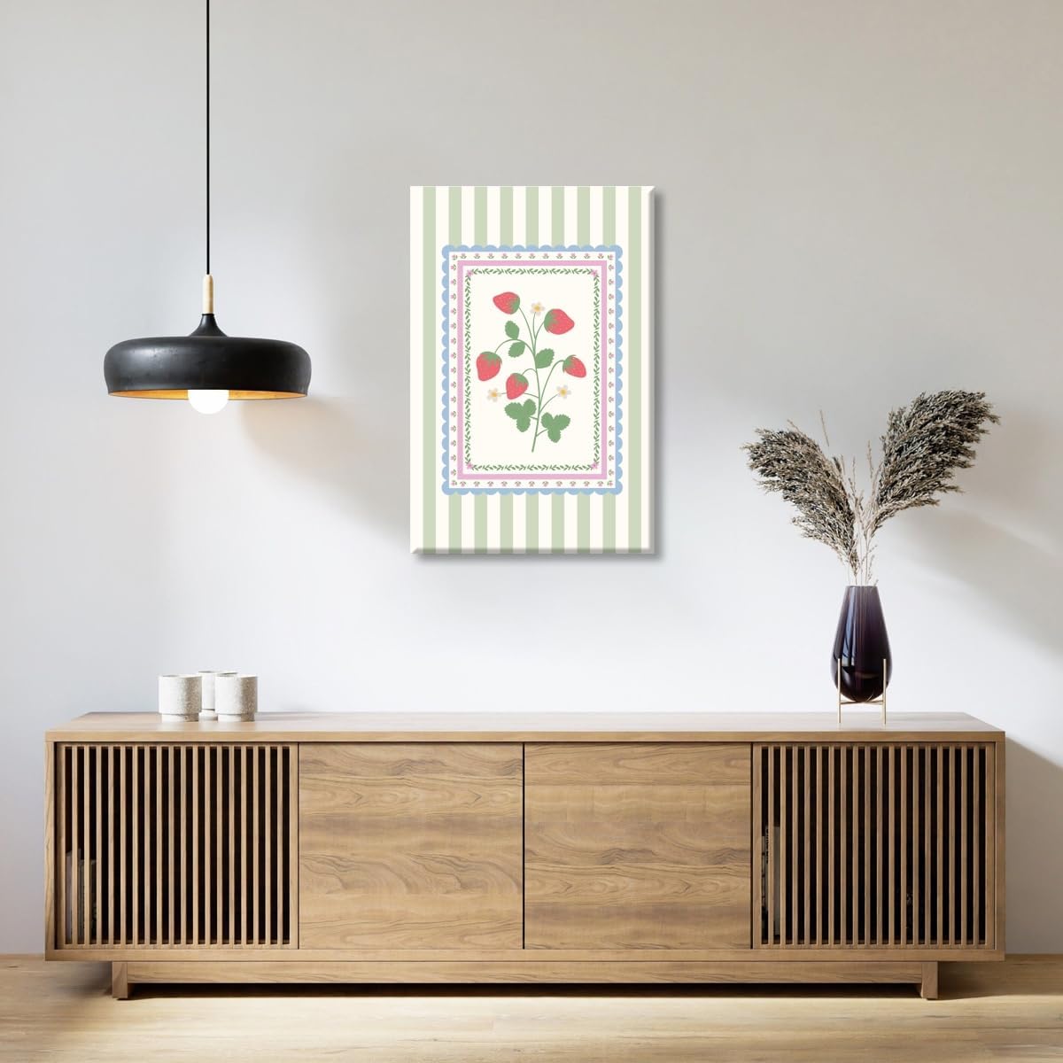 Cute Strawberry Wall Art Vintage Botanical Canvas Poster Farmhouse Soft Pastel Colors Striped Strawberry Print for Kitchen Dining Room Nursery Cottagecore Aesthetic Home Decor 12x18inch Unframed