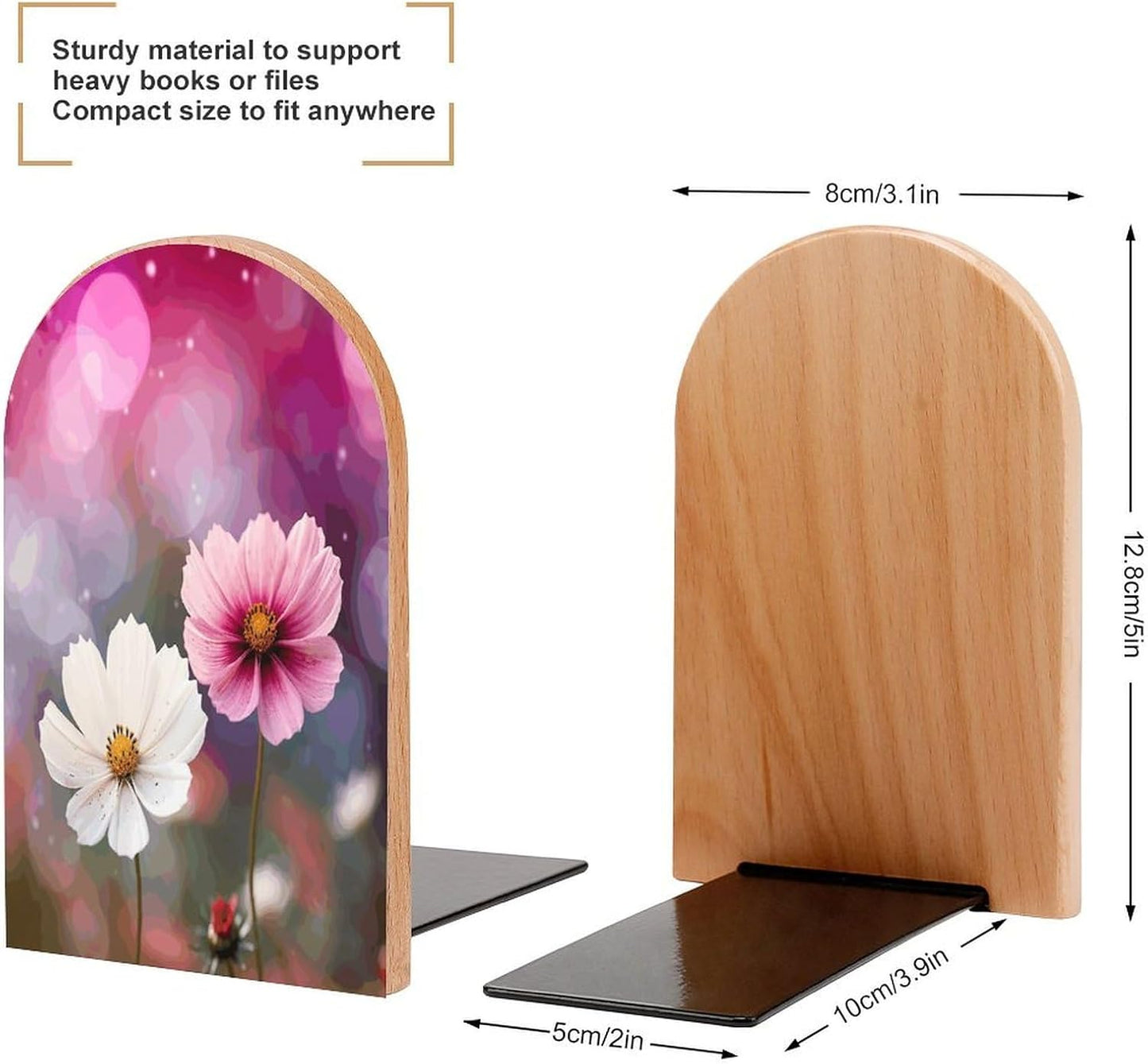 Two Peach Flowers Bookends 1 Pair Heavy Duty Book Ends for Shelves Non-Skid Bookend Supports Wooden Book Holders with Metal Base Desk Organizers Books Storage to Hold Books
