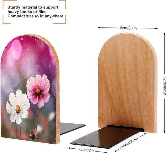 Two Peach Flowers Bookends 1 Pair Heavy Duty Book Ends for Shelves Non-Skid Bookend Supports Wooden Book Holders with Metal Base Desk Organizers Books Storage to Hold Books