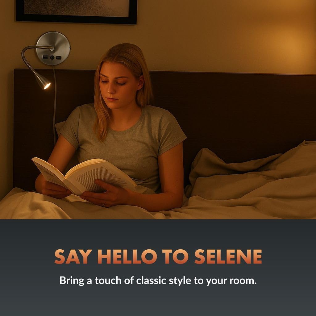 Newhouse Lighting 4.5 in. W x 15 in. H Selene Gooseneck Reading Light in Brushed Steel with USB-A and USB-C Charging Ports NHRL-SE-SLV, Bedside Lamp for Nightstands, Space-Saving Office Desk Accessory