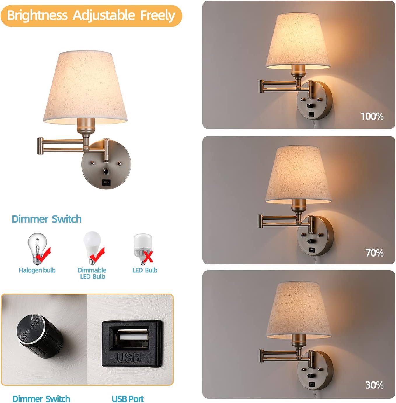 Swing Arm Wall Lamp Wall Mount Lamp with Cord Plug in Wall Sconce Lighting with Dimmable On Off Switch Wall Light with USB Port Plug in Wall Lamp for Bedroom Reading Satin Nickel Finish