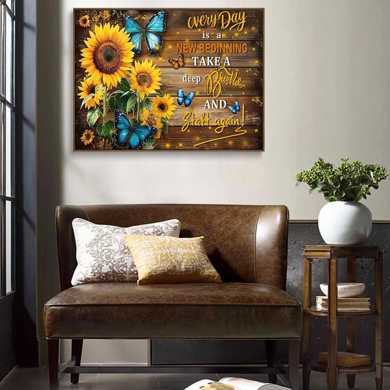 Sunflower Canvas Wall Art Blue Butterfly Rustic Wood Wall Decor Inspirational Prints Quotes Posters Vintage Painting Framed Artwork For Bedroom Living Room And Kitchen Home Modern Decors 12x16 Inches