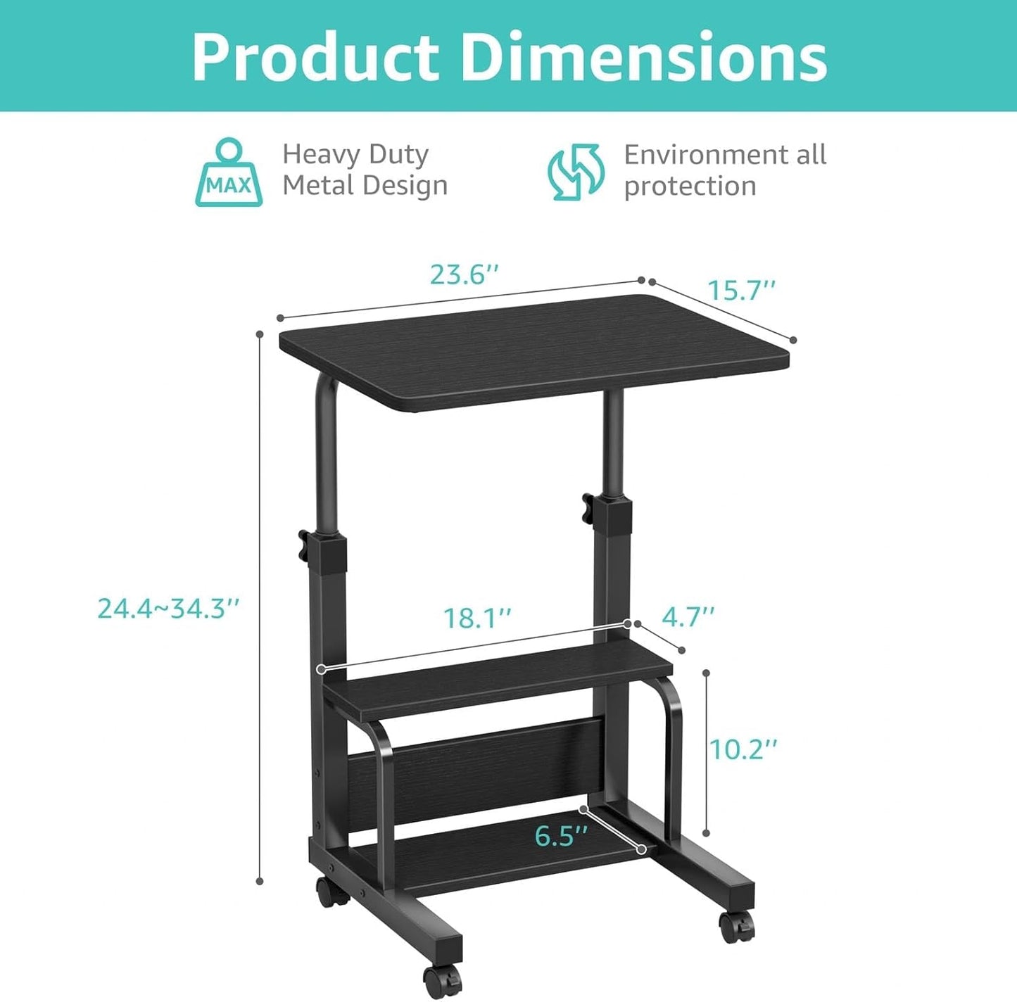 Small Rolling Desk for Small Spaces - 24" Portable Standing Desk with Wheels, Height Adjustable C Shaped Side Table Mobile Laptop Desks with 2-Tier Storage Shelves for Bed Sofa, Black