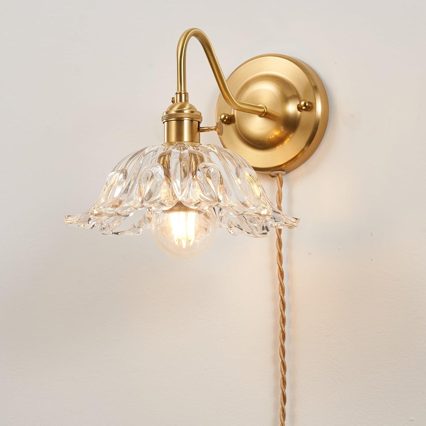 Vintage Plug-in Wall Sconce with Switch, Clear Snowflake Glass Shade, Brass Fixture, E26 Socket with Dual Switches, Plug-in or Hardwired for Bedroom, Reading Nook, Hallway, Kitchen Island