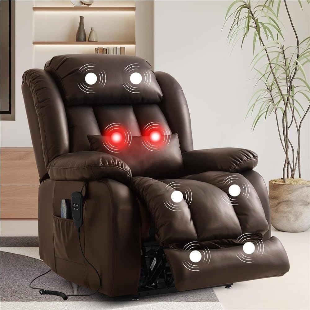 Power Lift Recliner Chair for Elderly with Dual Motor Heated Massage Electric Lay Flat Sleeping Chair Infinite Positions Remote Control Leather Recliner Extended Footrest