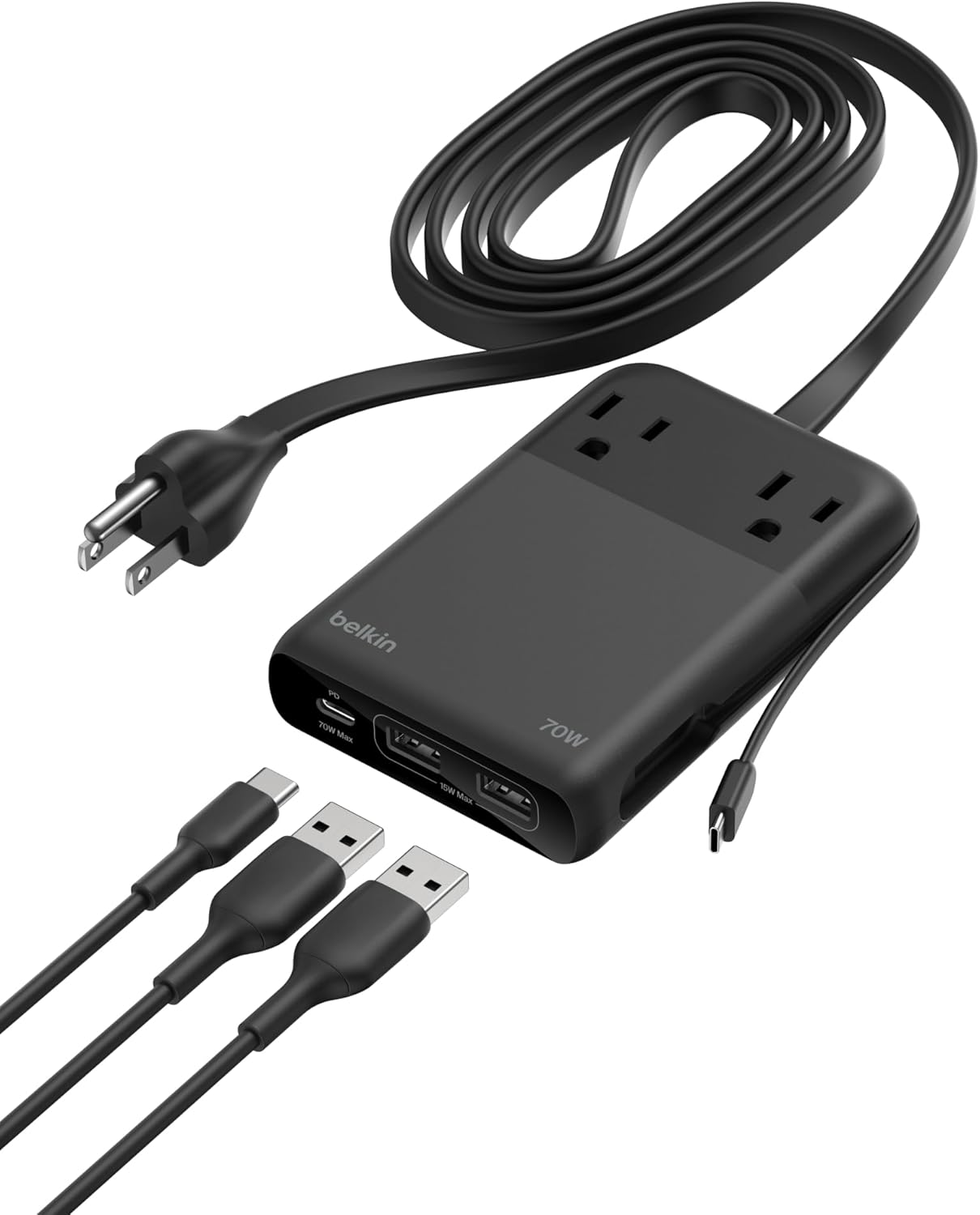 Belkin Travel Power Strip 70W, 6-in-1 GaN Charging Station USB C Charger w/ 2 AC Outlets, 2 USB A Ports, Integrated USB C Cable - Power Strip for iPhone, Apple Watch, iPad, MacBook, Chromebook, Laptop