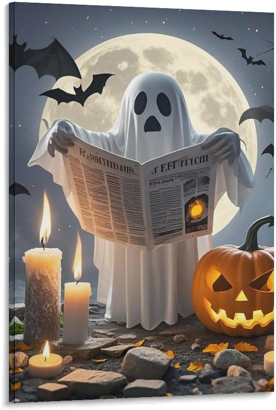 ZLFDSKGY Frame 20x30 inch (50x75 cm) Canvas Wall Art Ghost Reading Printed Wall Decor Hanging Canvas Pictures Wall Decorations Art Poster for Living Room Bedroom Bathroom
