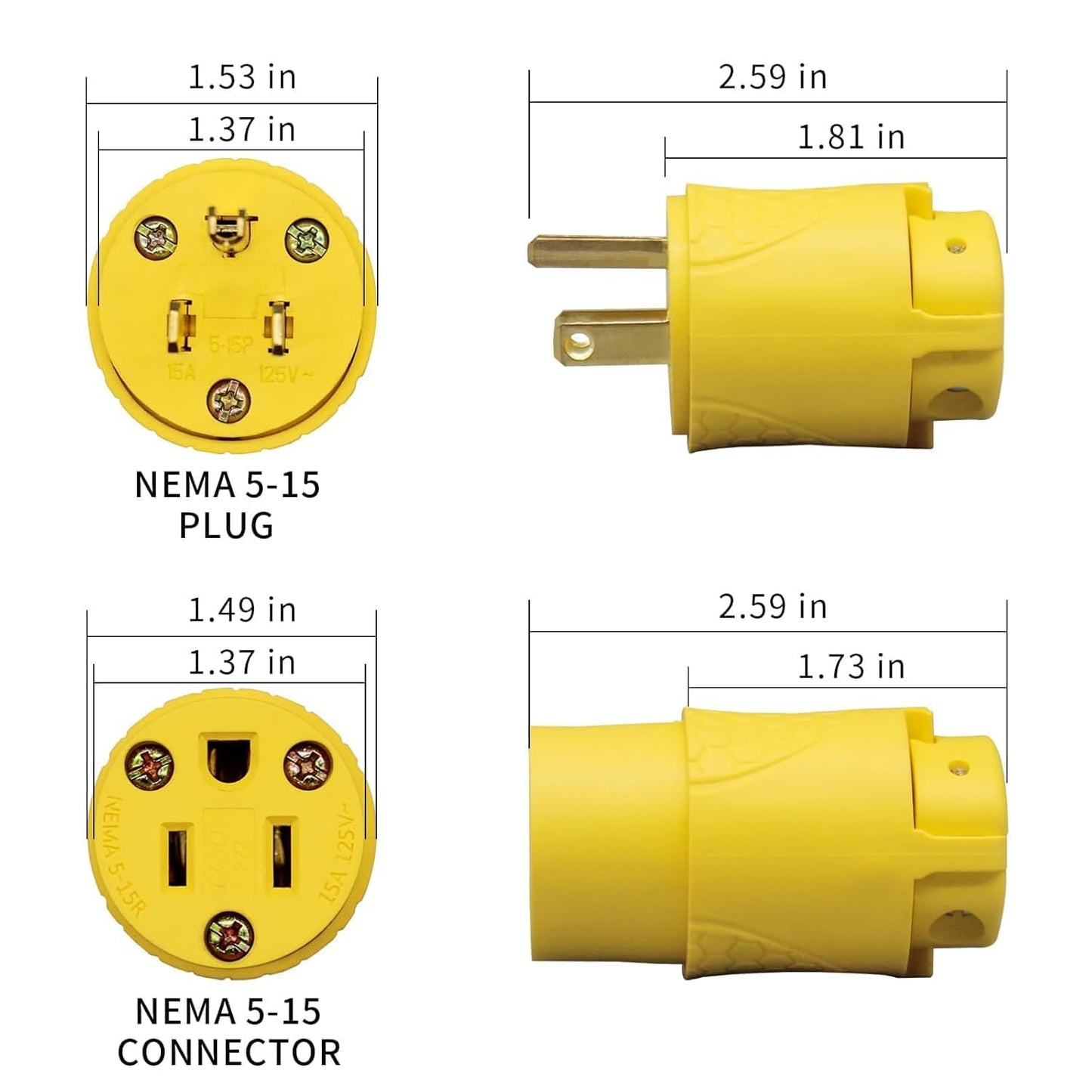 ThunderWay Electrical Replacement Plug & Connector Set, Extension Cord Ends Male and Female, 15A 125V, Straight Blade Plug Grounding Type, NEMA 5-15P&5-15R, 3-Prong Straight Blade-5 Set, UL Listed