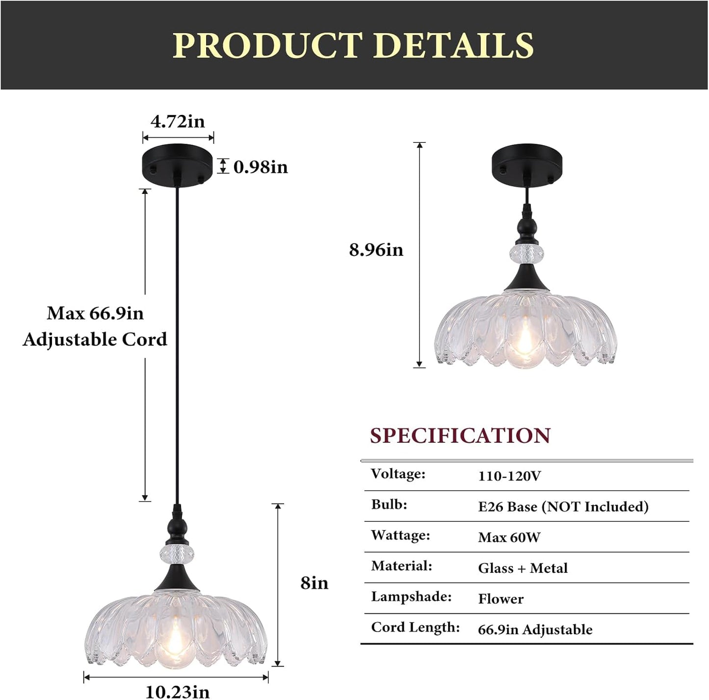 Vintage Pendant Light, Matte Black Pendant Light with Glass Shade, Farmhoue Pendant Light Fixture, Pendant Lighting for Kitchen Island, Dinnng Room, Living Room, Bedroom, Hallway