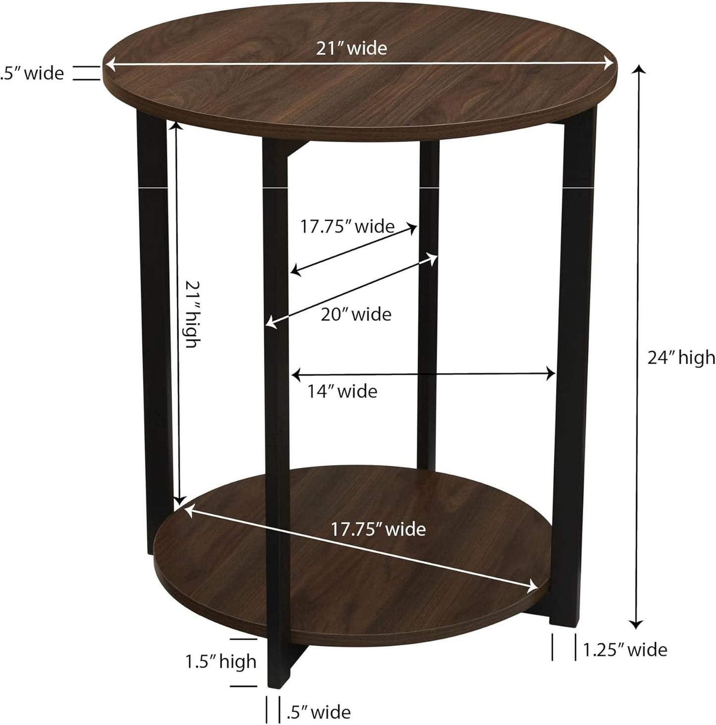 Household Essentials Jamestown Round Side End Table with Storage Shelf Mid Century Walnut Wood Grain and Black Metal