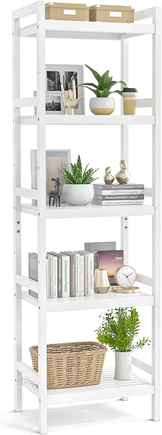 Homykic Bamboo Bookshelf, 5-Tier Narrow 55.9” Adjustable Book Shelf Bookcase Bathroom Shelves Freestanding Storage Stand for Living Room, Bedroom, Kitchen, Rust Resistance, Easy Assembly, White