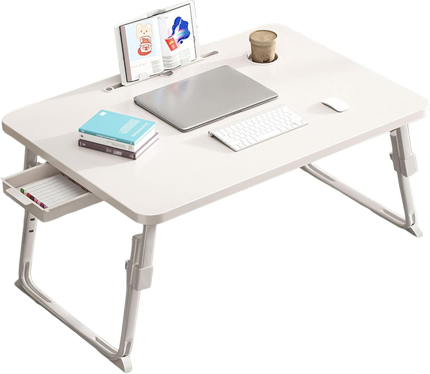Foldable Movable Overbed Table, Hospital Bed Table with Bookcase, Drawer, Card Slot and Cup Holder, Adjustable Height Over Bed Table for Writing, Eating, Reading and Hobbies