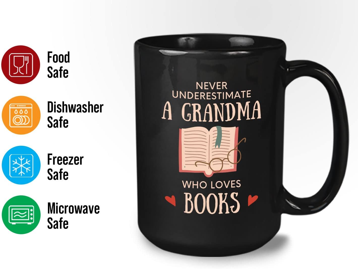 Bubble Hugs Book Lover Coffee Mug 15oz Black - Never Underestimate Grandma - Reading Reader Old Lady Book Lover Bookish Novelist Librarian Writer