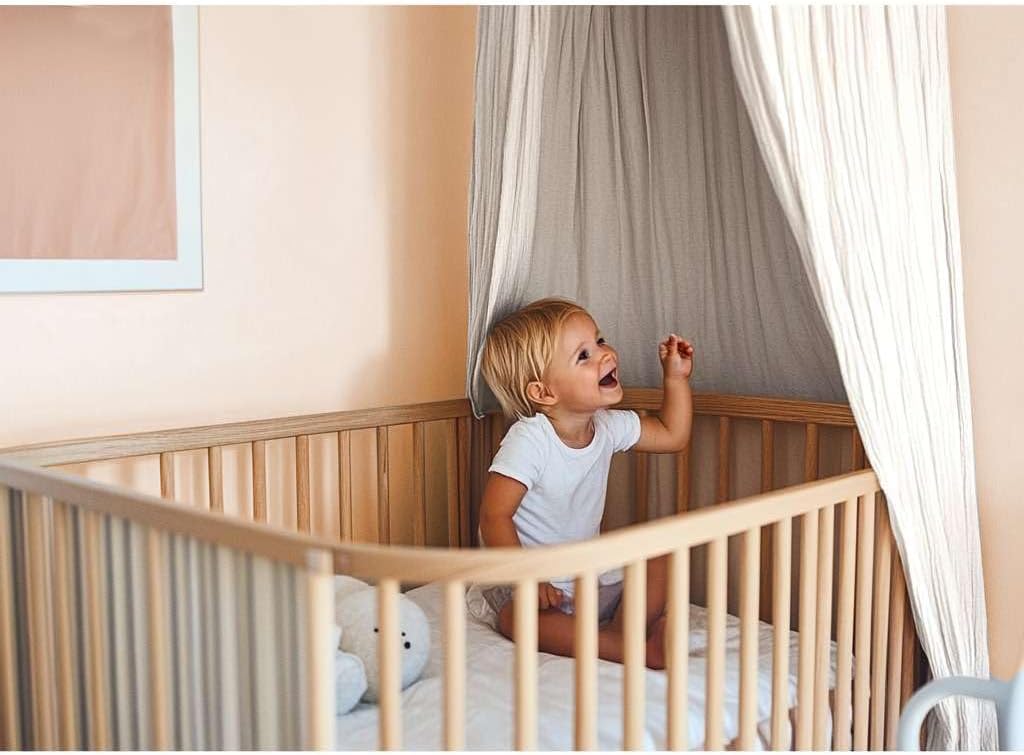 100% Cotton Kids Bed Canopy for Child Bedroom | Pom Pom String Accessory & Nursery Crib Hanging Curtain | Mosquito Net Bedding for Girls Play Room Decoration | Reading Nook Canopies Toddler Dome Tent