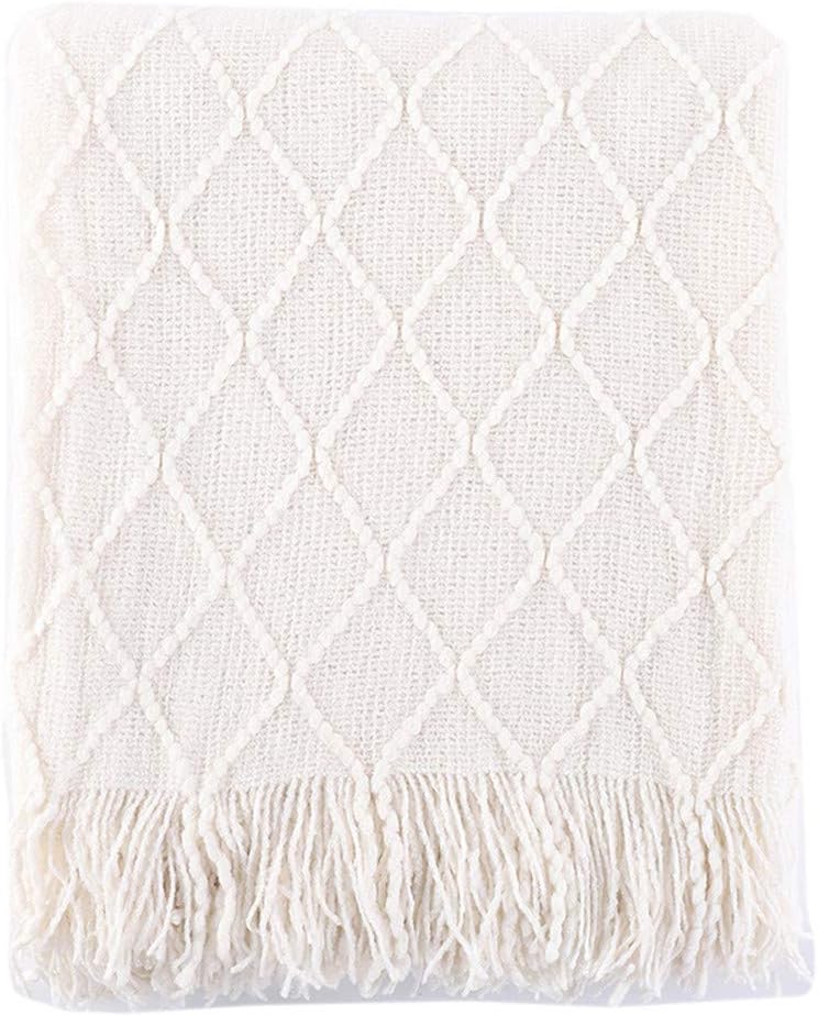 BATTILO HOME Large Cream Throw Blanket with Fringe, End of Bed Throw Blankets White,Spring Throw Blanket for Couch Sofa Indoor Outdoor, 52"x80"