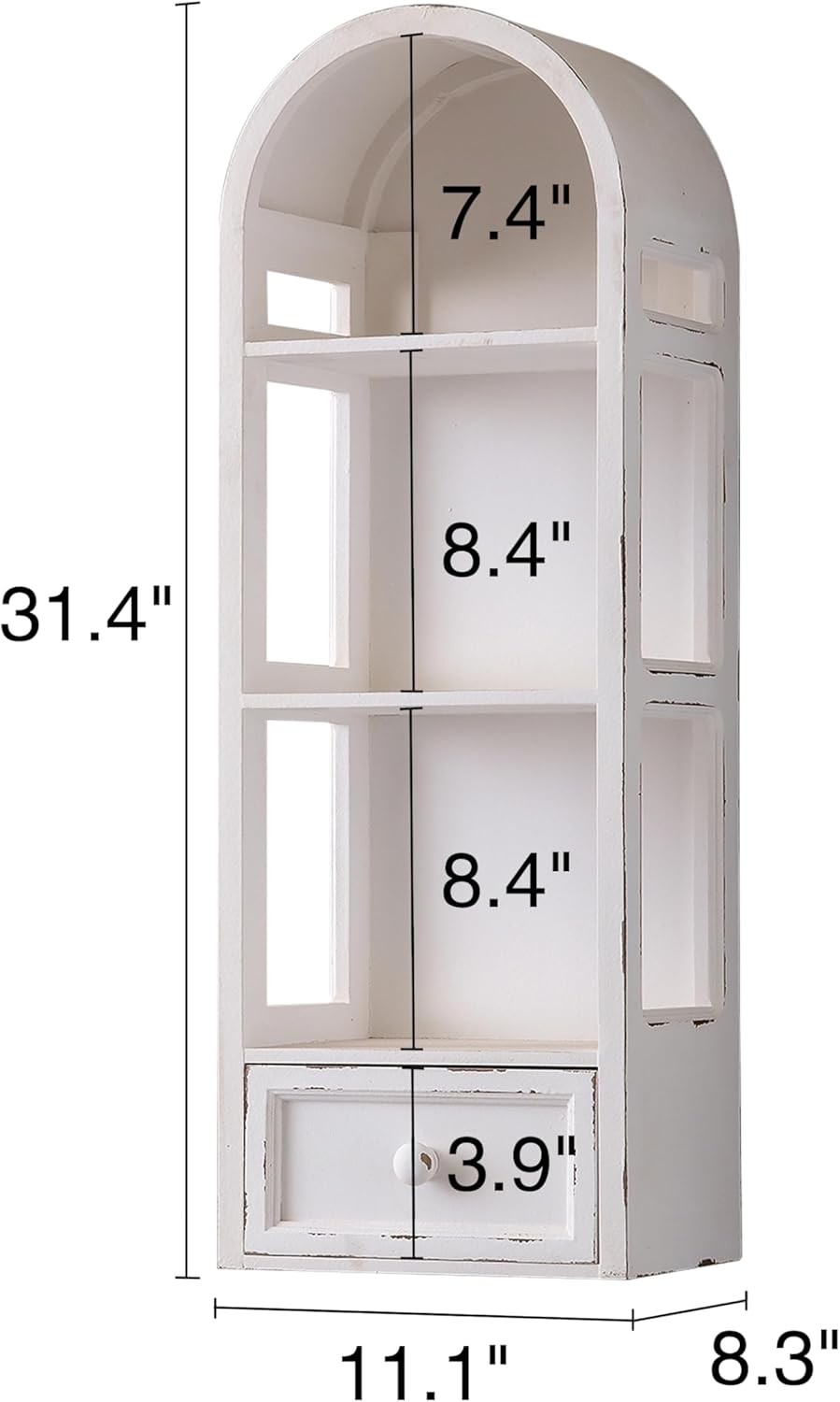 SOFE 3 Shelf White Wall Storage Cabinet with Drawer, 31" Tall Narrow Bathroom Cabinet Wall Mounted, Wood Display Cabinet, Arched Bookshelf, Modern Farmhouse Hanging Cabinets Storage