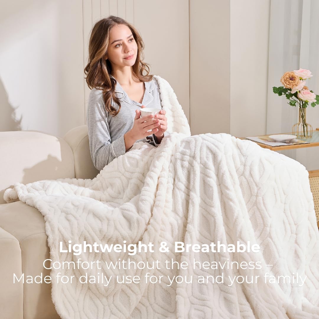 The Seacliff Blanket 50x60 Throw, Lighthouse Cream – Lightweight Soft Fleece Throw Blanket for Couch, Breathable All Season, Coastal Wave Texture