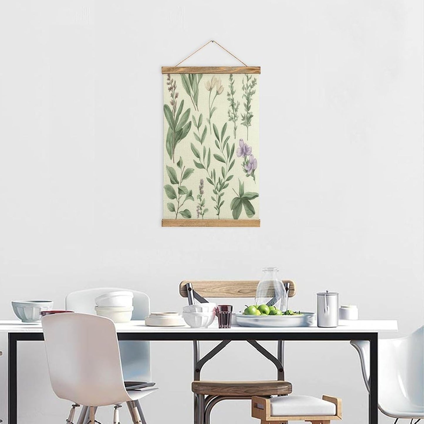 Vintage Green Flower Herb Sage Leaves And Branches Poster with Wooden Frame Personalized Linen Hanging Scroll Painting Rustic Wall Hanging Illustrative Modern Artwork Decor for Home Living Room Bedroo