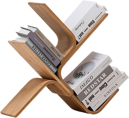 Modern 8-Tier Bamboo Bookshelf, Curved Wood Bookcase Organizer, Space-Saving Book Shelf for Living Room, Bedroom & Corner, Stylish Storage Solution, 3-Layer Design