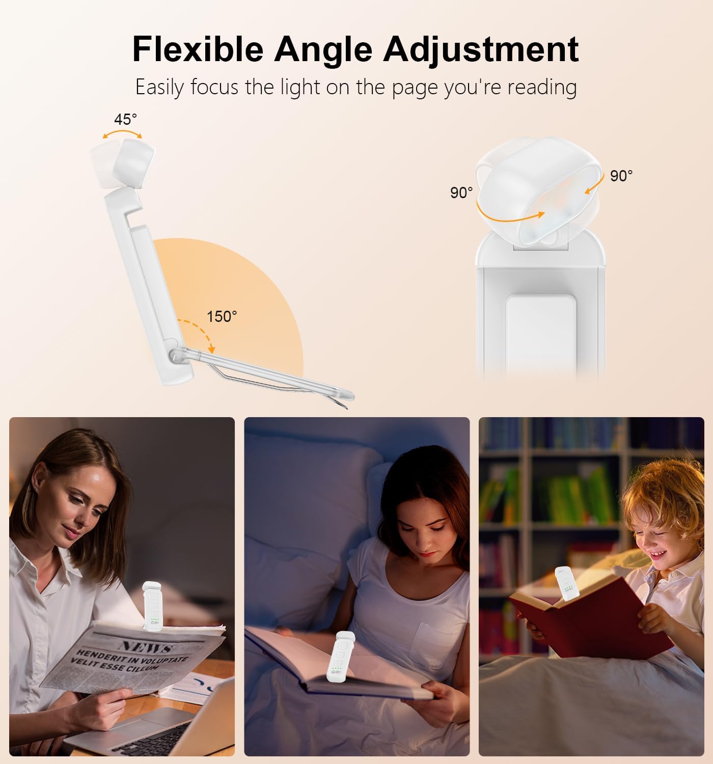 Gritin Reading Light, Rechargeable Book Light for Reading in Bed - Eye Caring 3 Color Temperatures, 5-Level Dimmable Brightness, Long Lasting, Compact Size Clip on Book Lamp for Bookworms-White