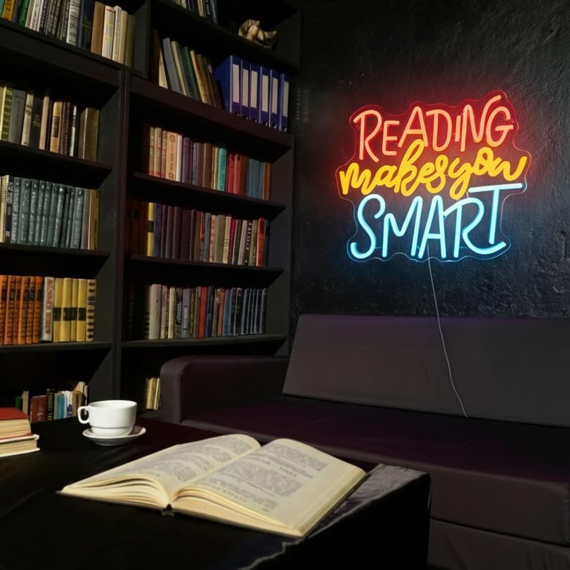 Reading Makes You Smart Neon Sign,Dimmable Neon Lights for Bedroom,USB Powered Neon Wall Sign,Led Neon Signs for Man Cave,Bookstore Library Study Room Wall Decor Gifts 11.9x13.8 inches.