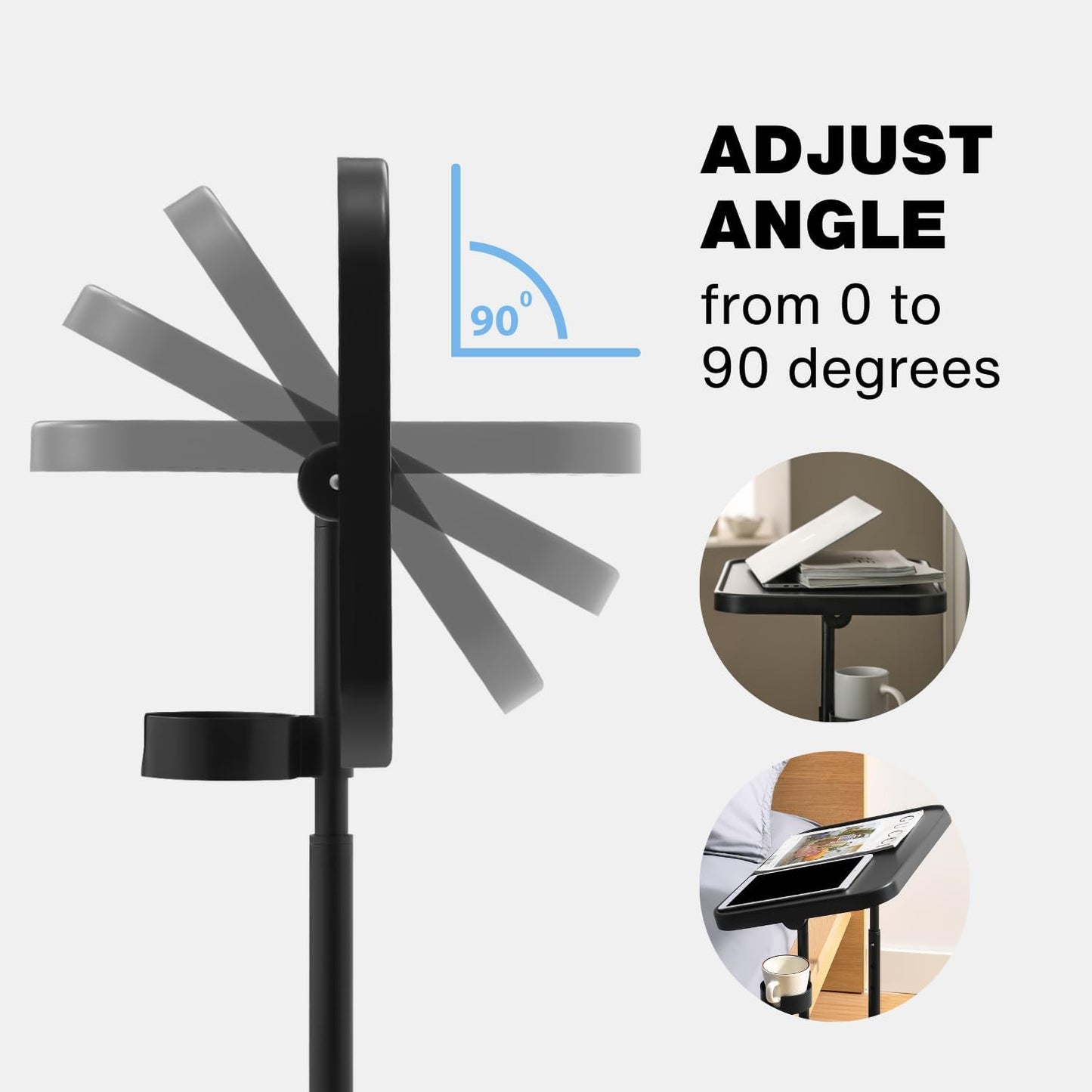 Keepo 바퀴/바퀴가 있는 금속 TV 트레이, 측면 엔드 테이블, 조절 가능한 식사 트레이, 3가지 높이의 접이식 노트북 테이블, 0~90도 기울기 각도, 휴대용 오버 베드 및 소파 스탠드 책상 (차콜)
