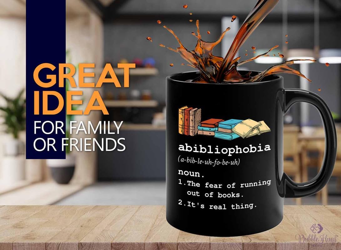 Reading Coffee Mug 11oz Black - Abibliophobia Definition - Reader Gift Bookworm Owl Lover Cat Lover Book Lover Novelist Librarian Writer