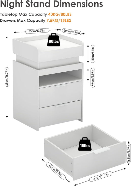 LED Night Stand with Gun Drawer, Smart Nightstand with Hidden Charging Station, Modern Beside Table with USB and Type-C Port for Bedroom (White)