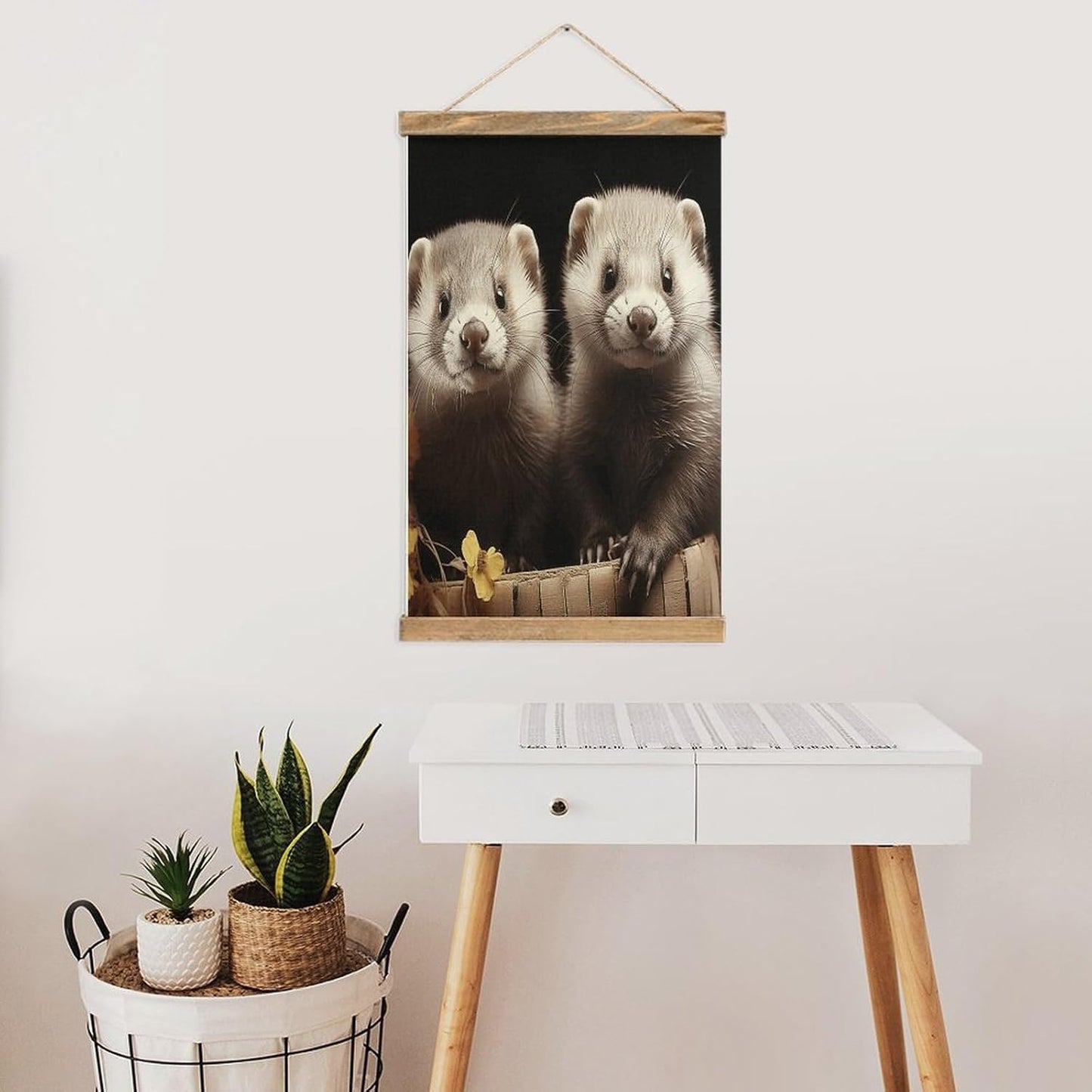 Vintage Ferrets Poster with Wooden Frame Personalized Linen Hanging Scroll Painting Rustic Wall Hanging Illustrative Modern Artwork Decor for Home Living Room Bedroom Office