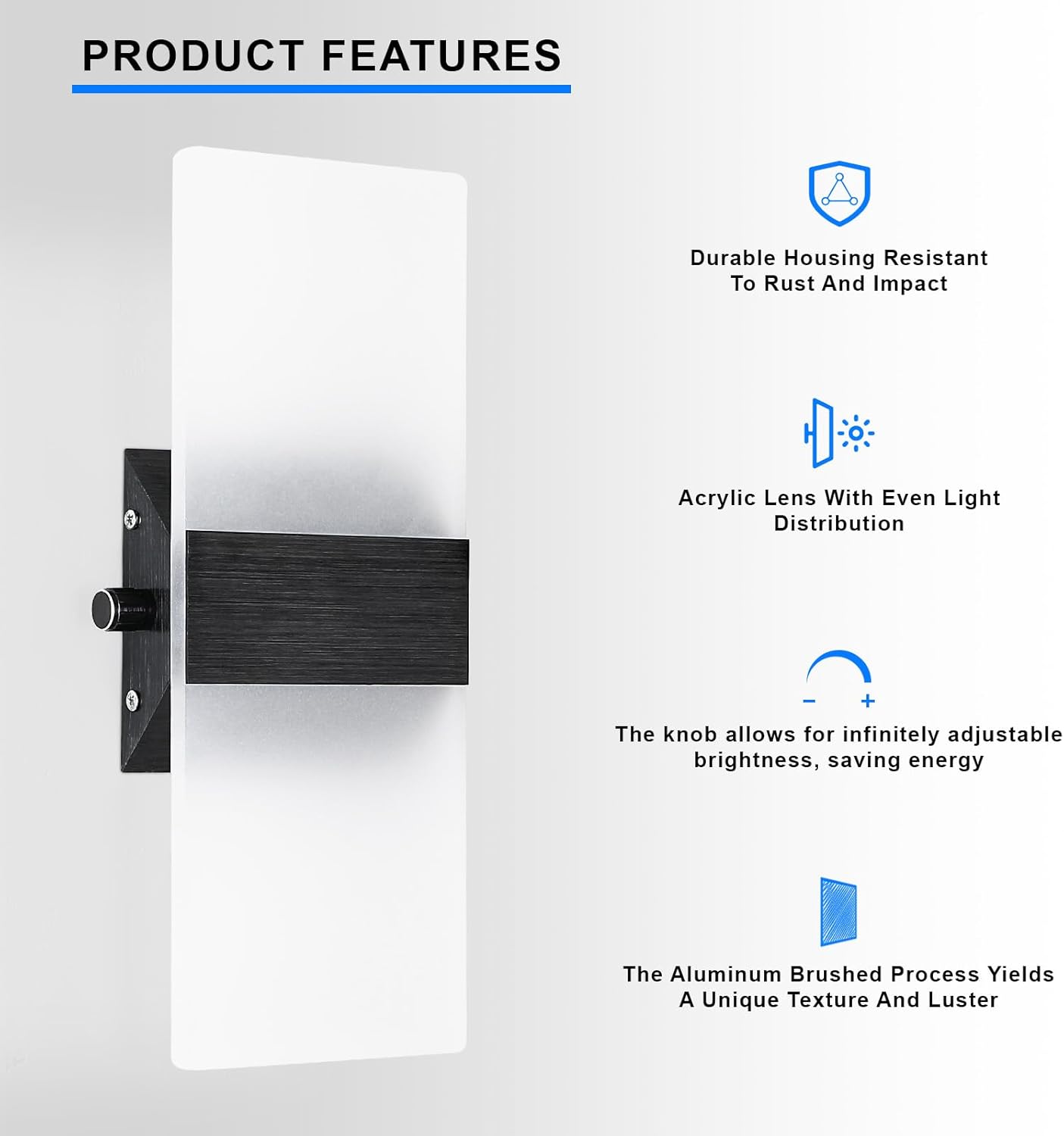 Lightess Modern Wall Sconce with Switch, Indoor Wall Light Dimmable, 12W Black Acrylic Wall Mounted Light Fixtures for Hallway Stairway Bedroom, Cool White, 1 Pack