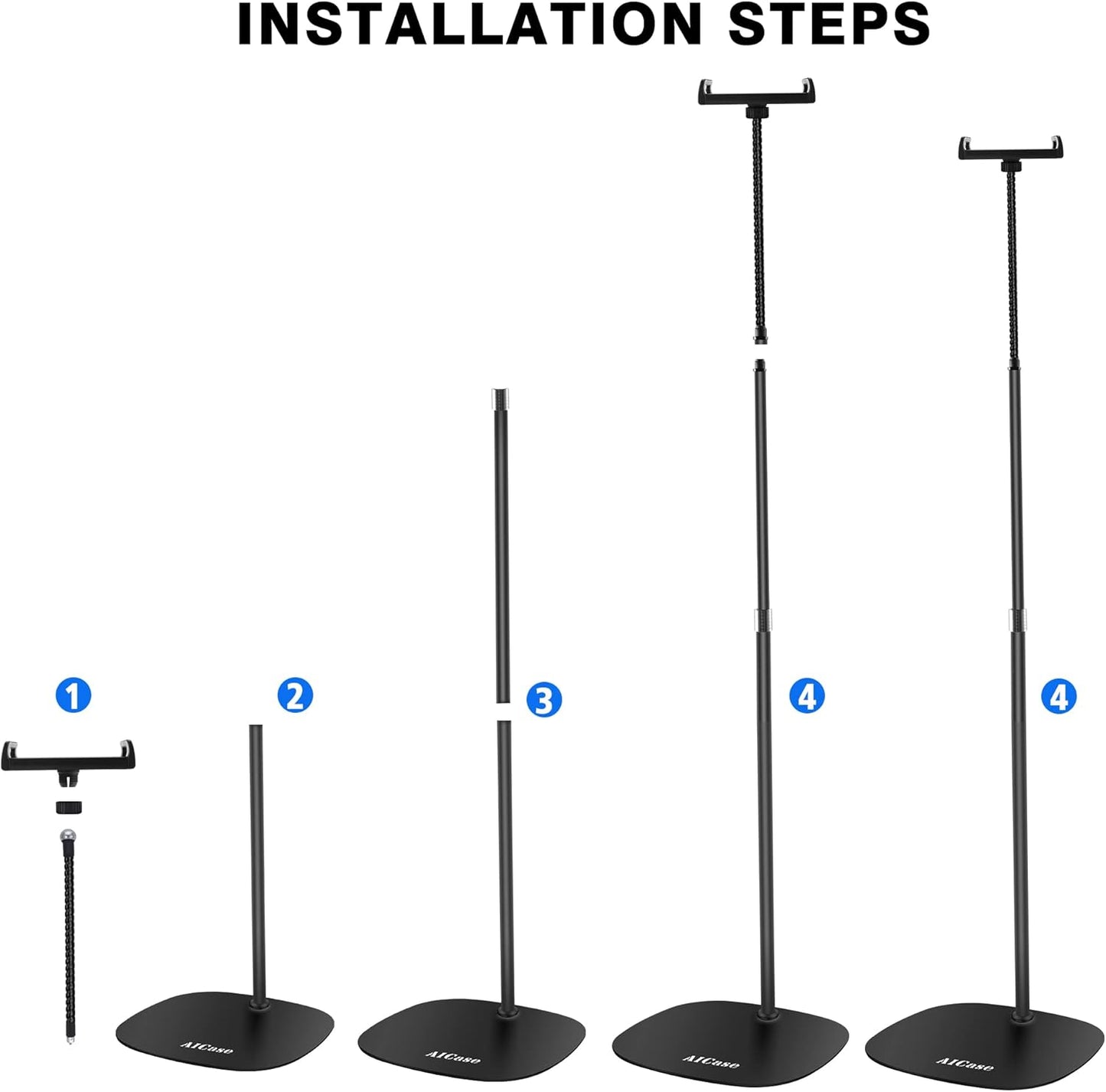 AICase Aluminium Adjustable Height Adjustable (91 cm - 137 cm) & 2.2 kg Stable Base with Gooseneck Compatible with iPad/Tablet from 4.6-13 Inches/Mobile Phone Holder Holder Floor Stand