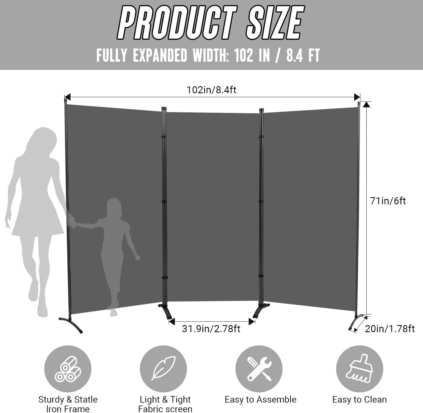 JVVMNJLK Indoor Room Divider, Portable Office Divider - 3 Panel Folding Partition Privacy Screen Walls - Room Separator, 102" W x 71.3" H, Grey