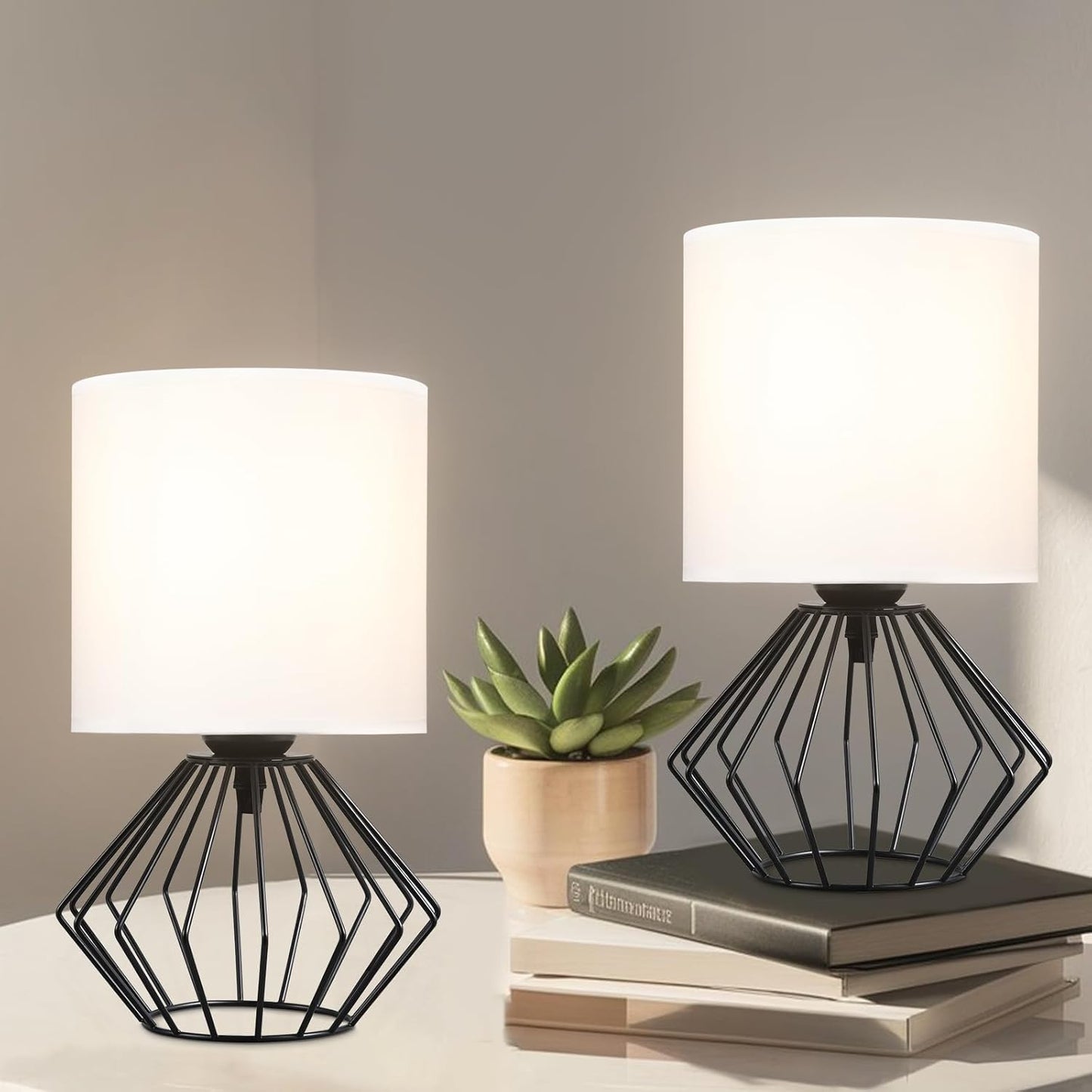 Hamilyeah Table Lamps Set of 2, Black Bedside With On/Off Switch, Industrial for Night Stands With White Fabric Shade, Modern Simple for Bedroom, Living Room