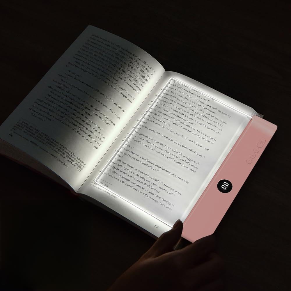 Book Light, Rechargeable Clear LED Flat Book Lights for Reading in Bed at Night with Dimmable 3 Colors & Timer, Full Page Panel Plate Lamp, Study Light Gifts for Readers Women Kids Book Lovers (Pink)