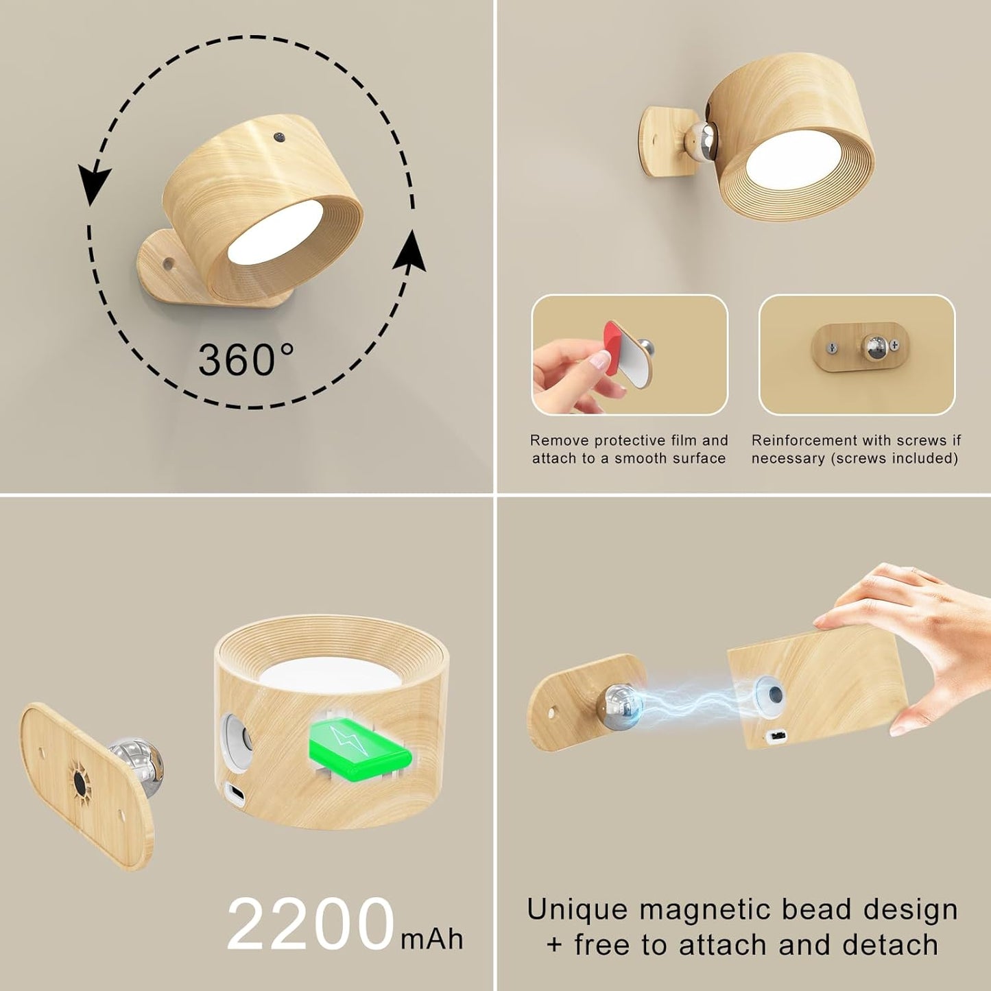 2PACK LED Wall Sconce - Rechargeable Cordless Wall Light, 3 Colors & 3 Brightness Levels, 360° Magnetic Rotating Head, Bedside Reading Lamp, Easy Install Battery Operated Lamp Wood